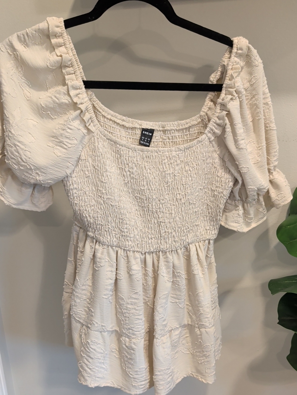 SHEIN Cream Smocked Puff Sleeve Tunic Top